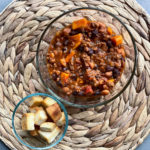 Turkey chili with sweet potatoes and croutons